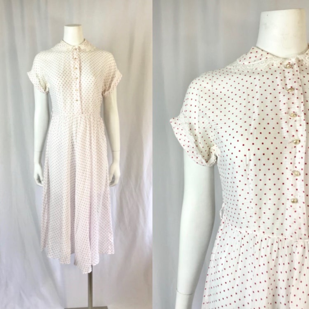 1940s Red White Polka Dot Dress | small to medium dreamy light weight vintage
